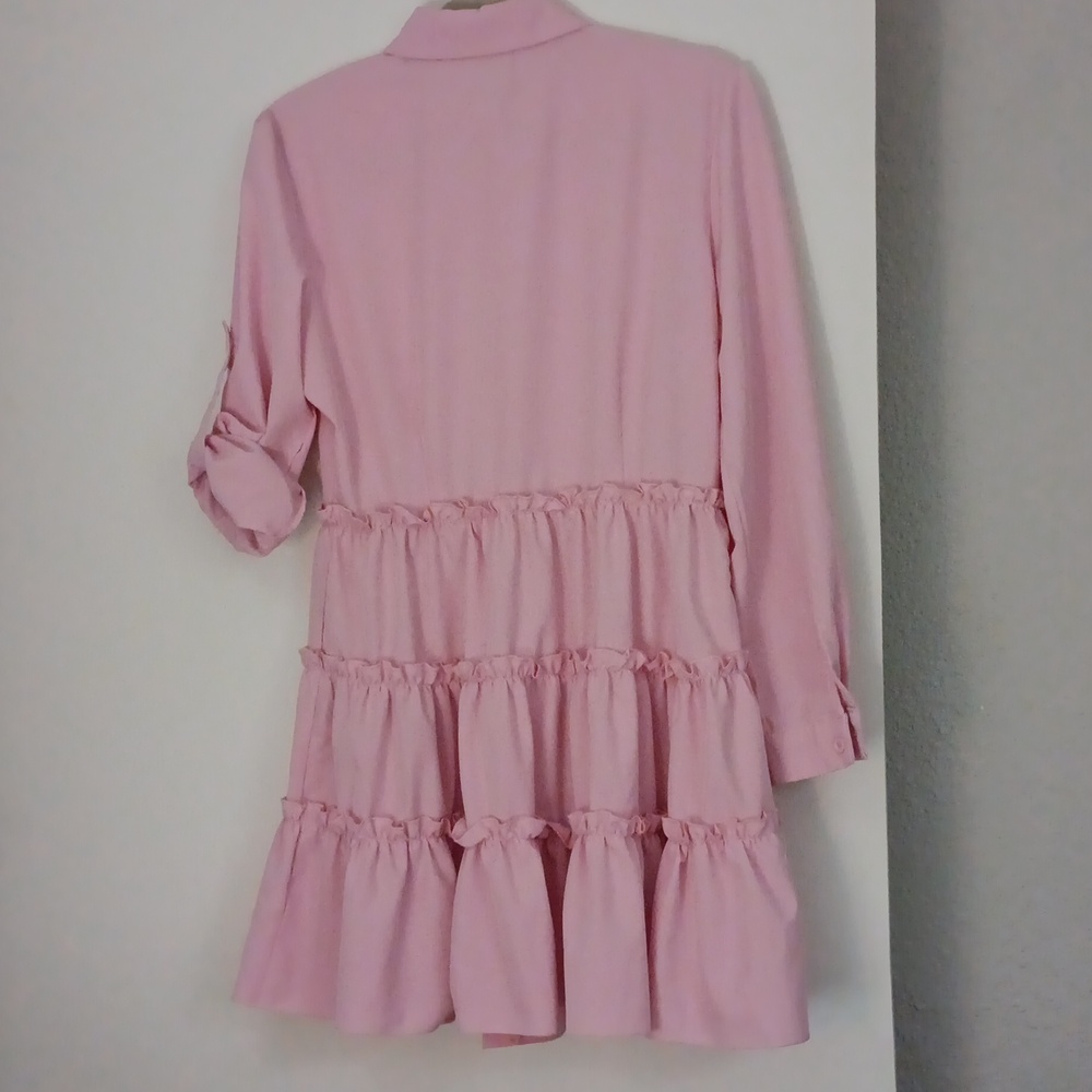 Pink Ruffle Button-Up Dress M - Picture 2 of 5
